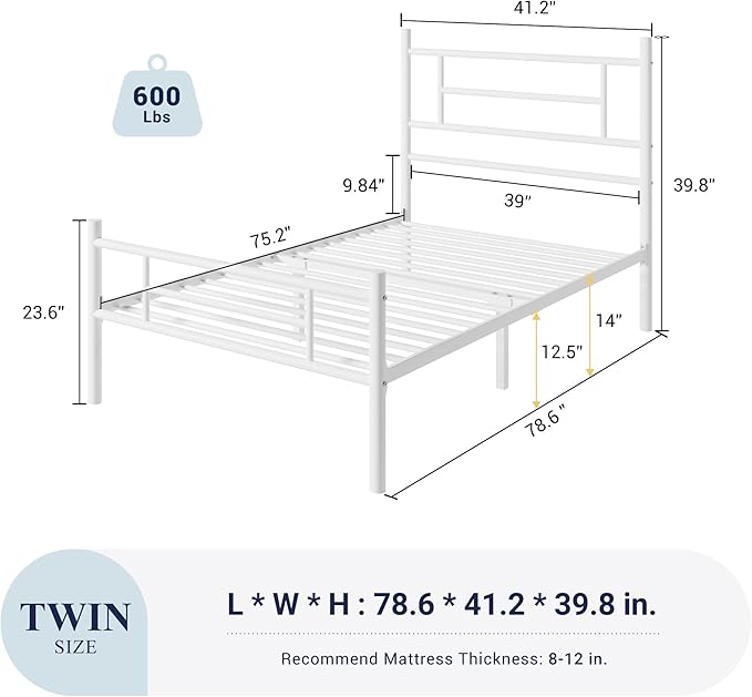 Allewie 14 Inch Twin Size Metal Platform Bed Frame with Headboard and Footboard, Underbed Storage, Strong Metal Slats Support, Mattress Foundation, No Box Spring Needed, Easy Assembly, White