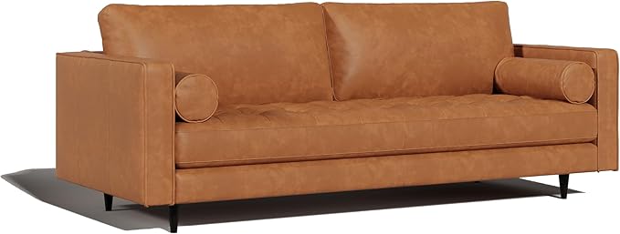 Valencia Isabella 88" Wide Sofa with 2 Bolsters | Italian Nappa 11000 Full Grain Leather, Mid-Century Tufted Couch for Living Room, Kiln-Dried Wood Frame, Down Feather Filling, Cognac