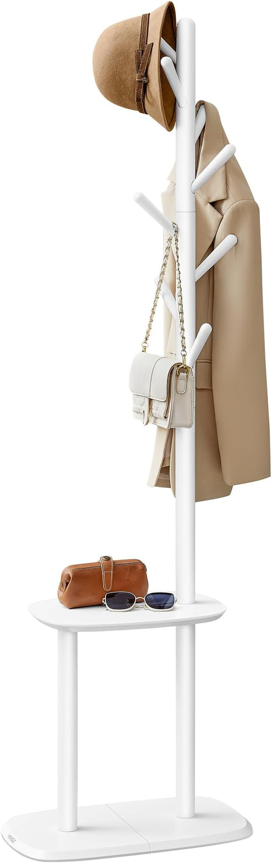 VASAGLE Coat Rack, Free Standing Coat Stand, Hall Coat Tree with 8 Hooks and Storage Shelf, 67.2 Inch Tall, for Coats, Hats, Bags, for Entryway, Hallway, Bedroom, Cloud White URCR040W01