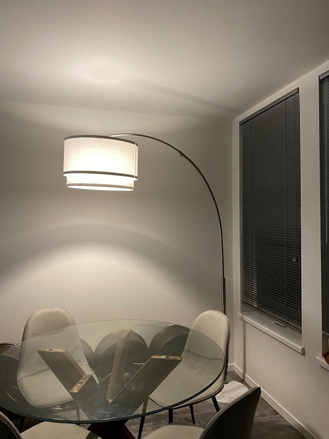 Brightech Mason Arc Floor Lamp - Modern Corner Standing Lamp with Unique Hanging Drum Lamp Shade for Living Room - Bright Overhead, Curved Hanging Light for Bedroom. Library, Den - Bronze