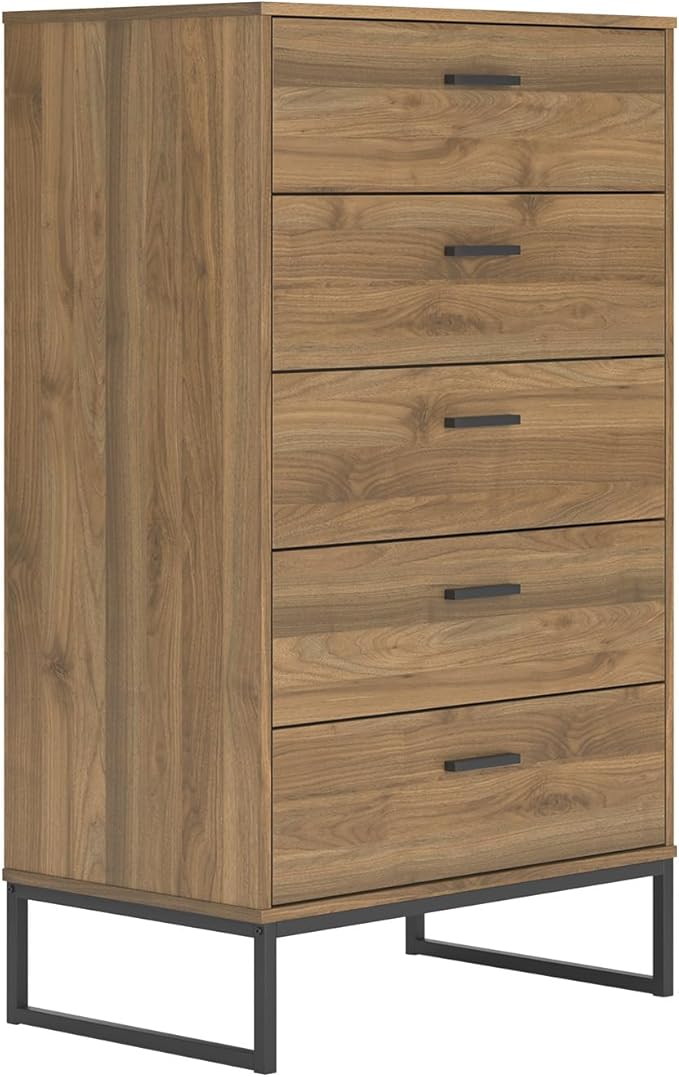 Signature Design by Ashley Deanlow Mid-Century Modern 5 Drawer Wide Chest with Safety Stop for Bedroom, Light Brown & Black