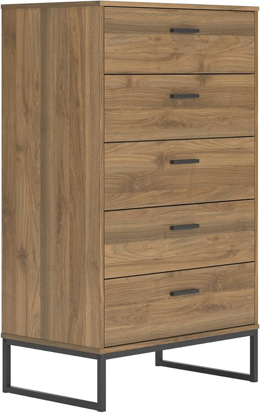 Signature Design by Ashley Deanlow Mid-Century Modern 5 Drawer Wide Chest with Safety Stop for Bedroom, Light Brown & Black