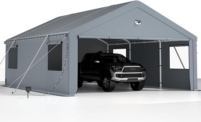2 Car Carports 20X20 Heavy Duty，Car Ports with 180G Removable Side Walls, Carport Canopy, Portable Car Port Garage, Car Shelter All Weather,Grey
