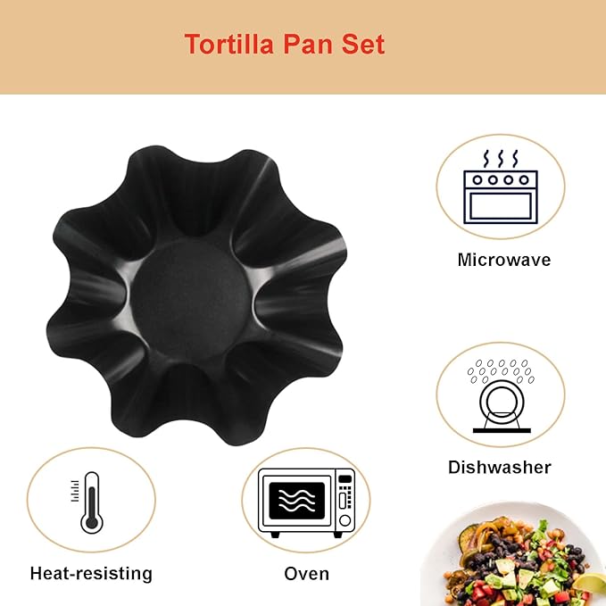 Ragyzity Tortilla Pan Set - 4pcs Non-Stick Carbon Steel Taco Salad Bowl Makers Tortilla Shell Pans, Tostada Bake Taco Shells, Flower-shaped Baking Mold Kitchen(Black 4pcs) (16.5x 7.5x 6cm)