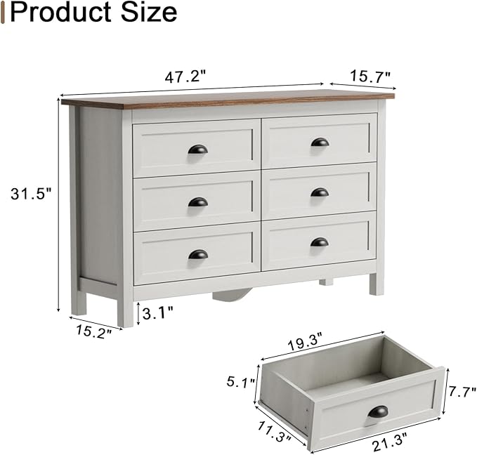 6 Drawer Dresser, Farmhouse Dresser for Bedroom, Antique White Chest of Drawers, Modern Double Dressers for Bedroom, Closet