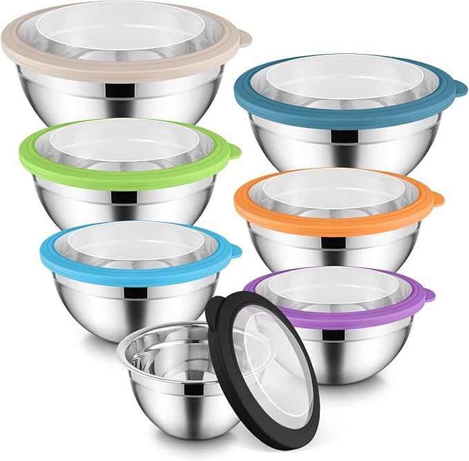 E-far Mixing Bowls Set of 7, Stainless Steel Mixing Bowls with Airtight Clear Lids, Metal Nesting Bowls for Kitchen Prep, Baking, Serving, Dishwasher Safe, Size 4.6, 3.5, 3, 2, 1.5, 1, 0.7QT, Colorful