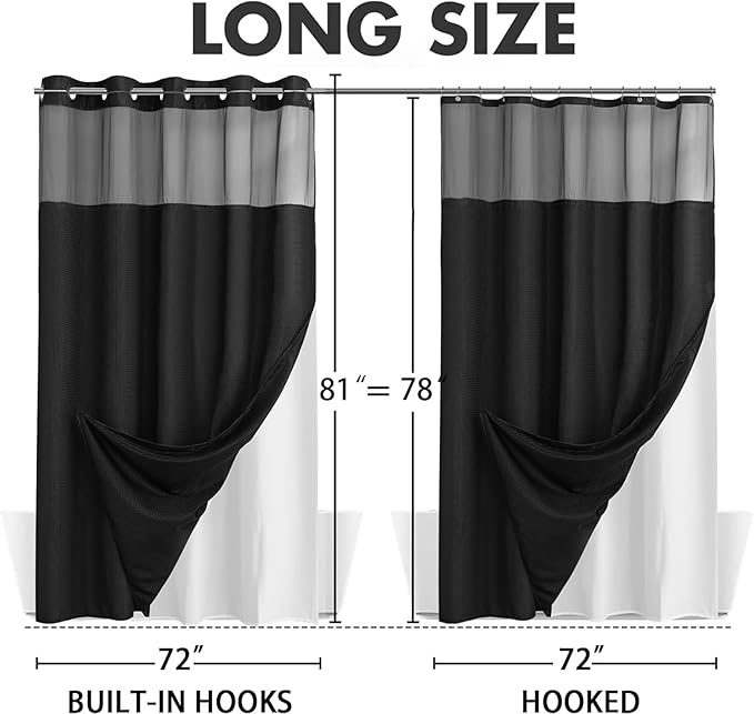 YellyHommy No Hook Shower Curtain with Snap in Liner Set Less Time Black Waffle Shower Curtain for Bathroom 81" L x 72" W