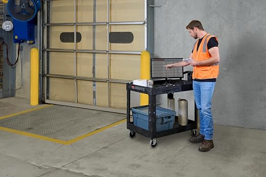 Rubbermaid Commercial Products 2-Shelf Utility/Service Cart, Medium, Black, Lipped Shelves, Ergonomic Handle, 500 Lbs Capacity, forfor Warehouse/Garage/Cleaning/Manufacturing