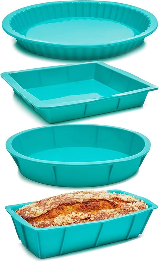 Juvale Silicone Baking Pans Set - 4-Piece Teal Set: Square, Rectangular, Round Cake & Pie - Nonstick Flexible Silicone Bakeware, Oven & Microwave Safe
