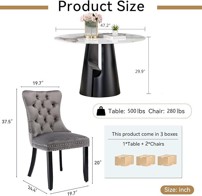 3-Piece Faux Marble Round Dining Table Set for 2, Modern Luxury Kitchen Table Set for 2 with Grey Tufted Chairs,Circle Dining Tables with Pandora Grain Top and Black Pedestal Base