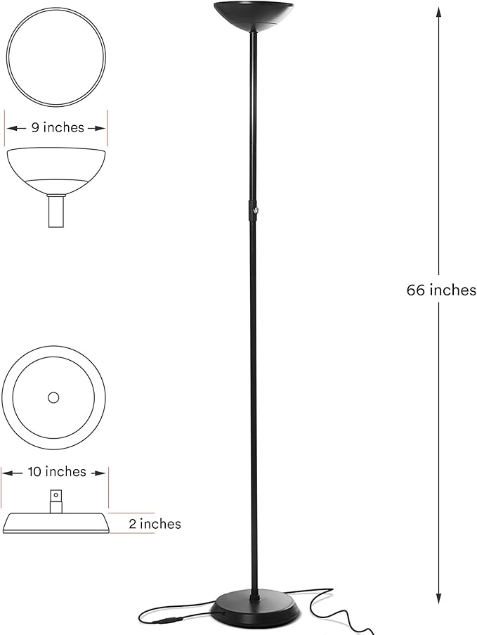 Brightech SkyLite LED Floor lamp, Torchiere Super Bright Floor Lamp for Living Rooms & Offices - 3 Way Dimmable Tall Lamp, High Lumen Standing Pole Lamp for Bedroom Reading - Black