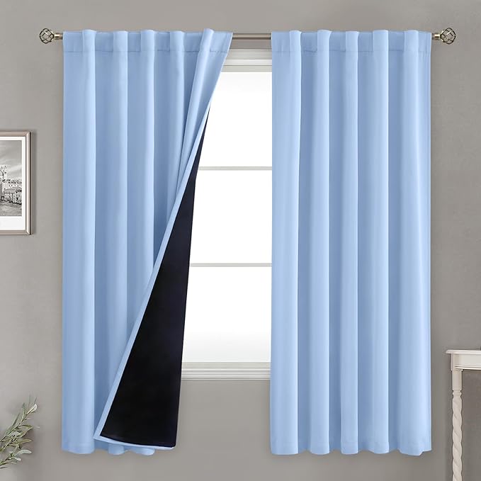 BGment Full Blackout Curtains 72 Inch Length with Thermal Insulation Liner, Double Layer Room Darkening Rod Pocket and Back Tab Window Curtain for Bedroom(42 x 72 Inch, 2 Panels, Light Blue)