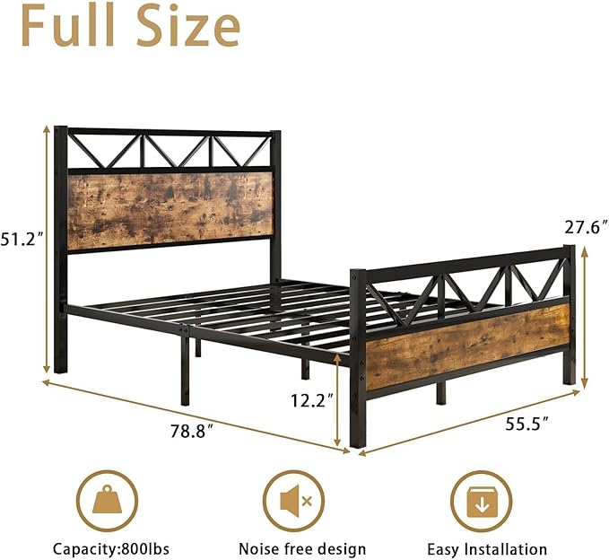 Full Size Bed Frame with Headboard, Industrial 51.2" Tall Headboard, Full Size Platform Bed Frame with Heavy Duty Metal Slats Support, No Box Spring Needed, Noise-Free, Easy Assembly, Rustic Brown