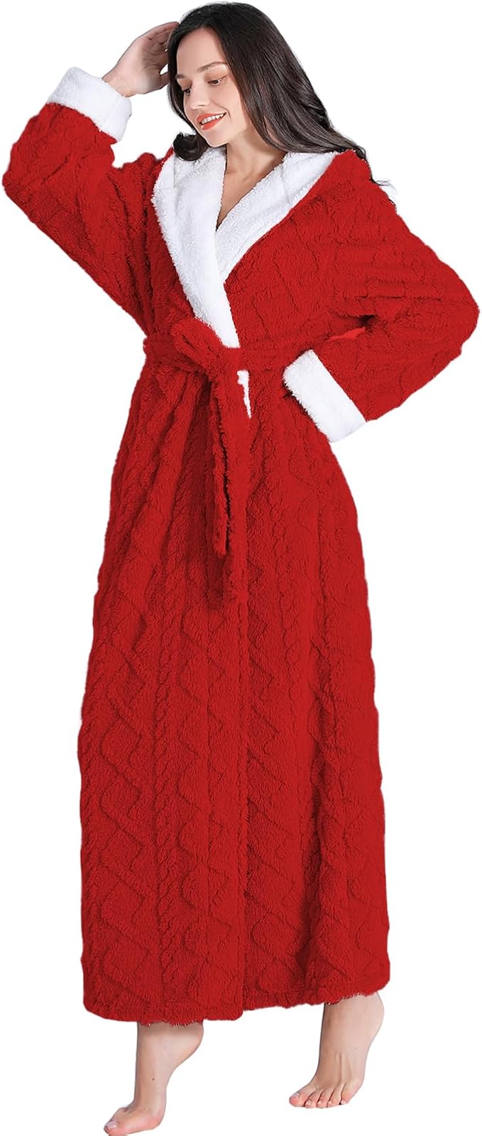 LKG women's robes long plush hooded ladies shower luxury christmas warm fuzzy robes house coat bathrobe for women full length