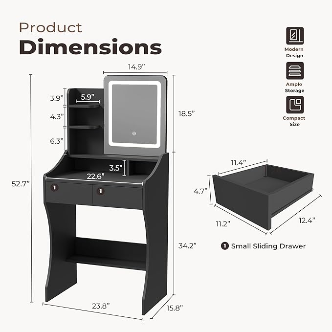 Small Vanity Desk, Makeup Vanity with Mirror and Lights, Vanity Desk with Drawer & 3 Storage Shelves, Black Makeup Vanity Desk with Lights for Bedroom