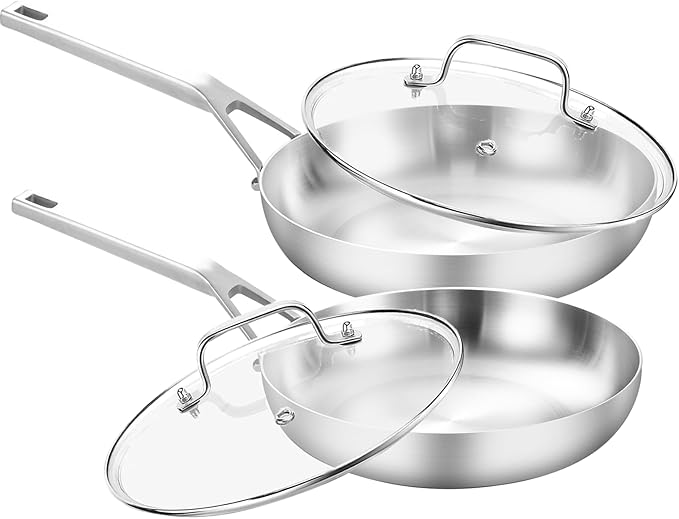Tri - Ply Stainless Steel Frying Pan Set 8" 10" Skillets with Tempered Glass Lids Durable, Ideal for Eggs, Induction Compatible up to 600°F