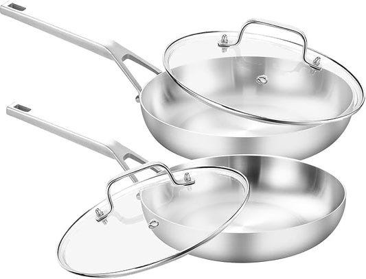 Tri - Ply Stainless Steel Frying Pan Set 8" 10" Skillets with Tempered Glass Lids Durable, Ideal for Eggs, Induction Compatible up to 600°F