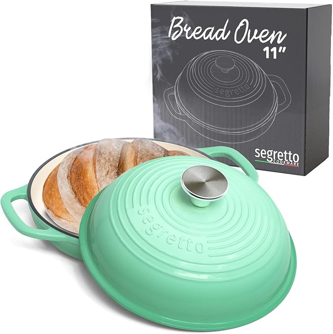 Enameled Cast Iron Bread Pan with Lid 11” Green Bread Oven Cast Iron Sourdough Baking Pan, Dutch Oven for Bread, No Seasoning Needed-Segretto Cookware