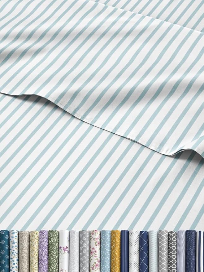 Striped Sheets - Blue & White Striped Sheets - 1 Flat & 1 Fitted & 1 Pillowcase w/ Deep Pockets – Wrinkle & Fade Free - Soft, Breathable & Cooling - Luxury Pinstripe Bedding - Twin XL Size Bed Set