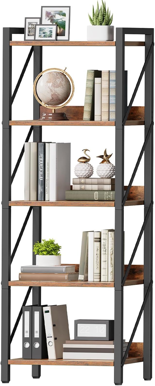 HOOBRO Bookshelf, 5-Tier Industrial Bookcase, Book Shelf Storage Organizer, Tall Bookshelf with Metal Frame for Living Room, Bedroom, Home Office, Kitchen, Rustic Brown and Black BF73SJ01