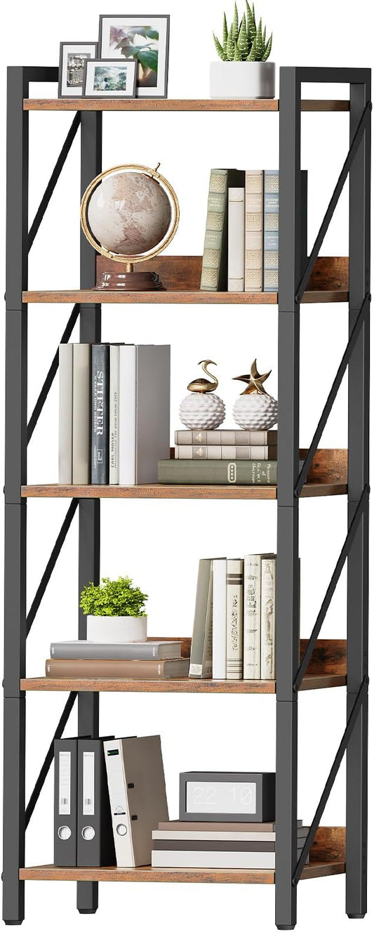 HOOBRO Bookshelf, 5-Tier Industrial Bookcase, Book Shelf Storage Organizer, Tall Bookshelf with Metal Frame for Living Room, Bedroom, Home Office, Kitchen, Rustic Brown and Black BF73SJ01