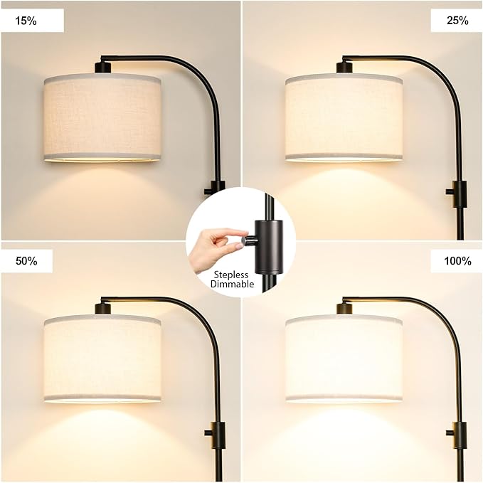 [Upgraded] Dimmable Floor Lamp, 1200 Lumens LED Edison Bulb Included, Arc Floor Lamps for Living Room Modern Standing Lamp with White Shade, Black Tall Lamp for Living Room Bedroom Office Dining Room