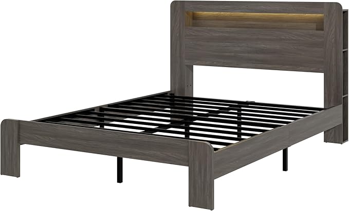 Wood Queen Size Bed Frame with Headboard, Farmhouse Platform Bed Frame with Bookcase Shelf,LED Lights,Charging Station,Heavy Duty Supports,No Box Spring Needed,Dark Grey