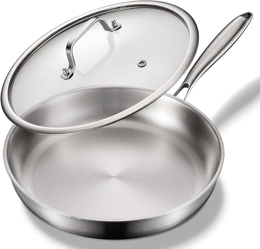 10-Inch Tri-Ply Stainless Steel Pan, PFOA and PTFE-Free Skillet Griddle, Stainless Steel Pan Set with Lid for the Kitchen, Induction-Compatible Cookware Sets, Dishwasher and Oven Safe
