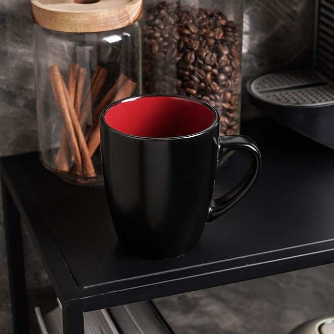 Stone Lain Stoneware Dish Set, 4 Mugs, Albie - Red and Black