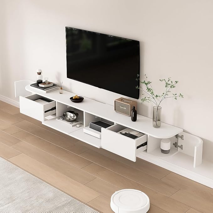 Floating TV Stand,Wall Mounted TV Shelf,Modern Entertainment Center Media Console with Storage for Bedroom,Living Room (White-Led, 78.7IN)