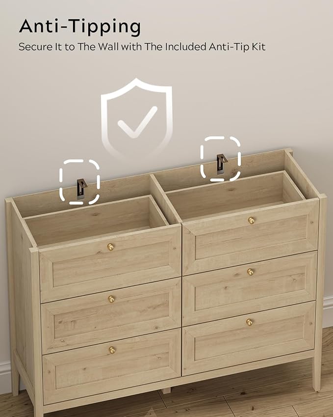 6 Drawer Dresser for Bedroom 47" Wide Chest of Drawers Mid Century Modern Wooden Storage Dresser Organizer TV Stand for Living Room, Hallway, Light Oak