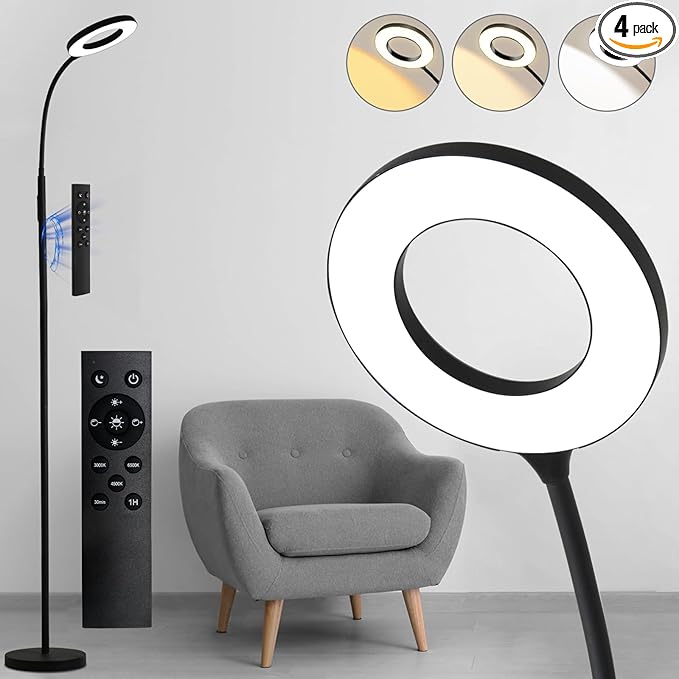 Floor Lamp, LED Reading Light, Bright Modern Tall Lamps, 3 Color Temperatures & Adjustable Brightness Gooseneck Standing Lamp with Remote & Touch Control for Living Room, Bedroom, Office