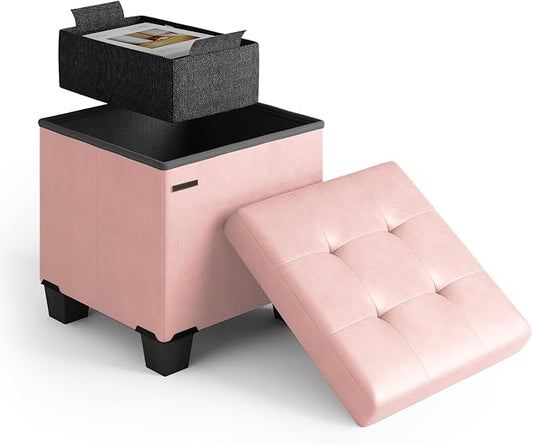 STORAGEBUD Storage Ottoman Cube with Small Bin, 16-in Square Ottoman with Storage for Living Room and Bedroom, Small Ottomans Foot Rest, Faux Leather Foot Stools Ottomans Max 330lbs, Pink