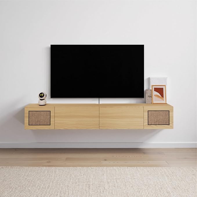 Pmnianhua Boho Floating TV Stand 94", Modern Wall Mounted Media Console with Cotton-Rayon Doors for Under TV Shelf,Entertainment Center,Living Room,Bedroom(Natural)