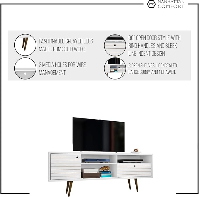 Manhattan Comfort Liberty Mid Century Modern TV Stand for Televisions up to 65 Inches, Bedroom and Living Room Entertainment Center with Storage, Shelves, and Cabinet, 71" Wide, White