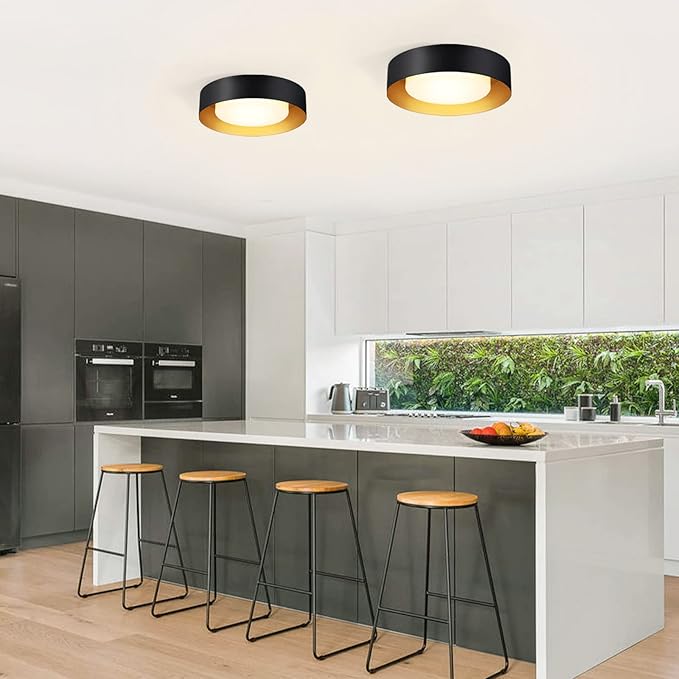 Modern Black and Gold Flush Mount Ceiling Lights, 16.5" Minimalist Glass Round Ceiling Lighting, Drum Close to Ceiling Light Fixtures for Living Room, Bedroom, Dining Room, Kitchen, Hallways