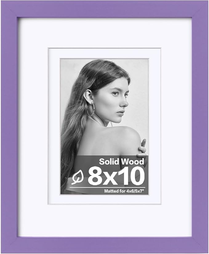 Egofine 8x10 Picture Frame Made of Solid Wood Covered by Plexiglass, Display Pictures 4x6/5x7 with Mat or 8x10 Without Mat for Table Top Display and Wall Mounting Photo Frame, Purple