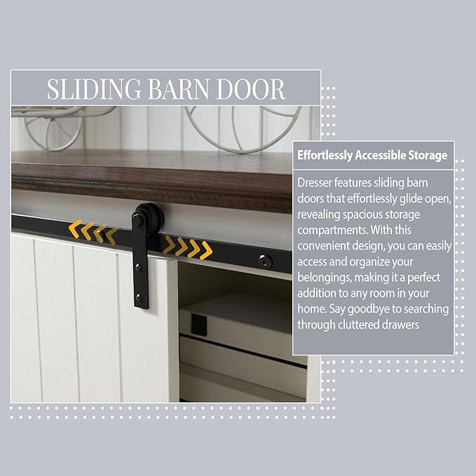 Farmhouse 5 Drawers Dresser for Bedroom, 47" Tall Chest of Drawers w/Sliding Barn Door, Rustic Wood Dressers Organizer w/Adjustable Shelves for Bedroom, Living Room, Kitchen-Antique White