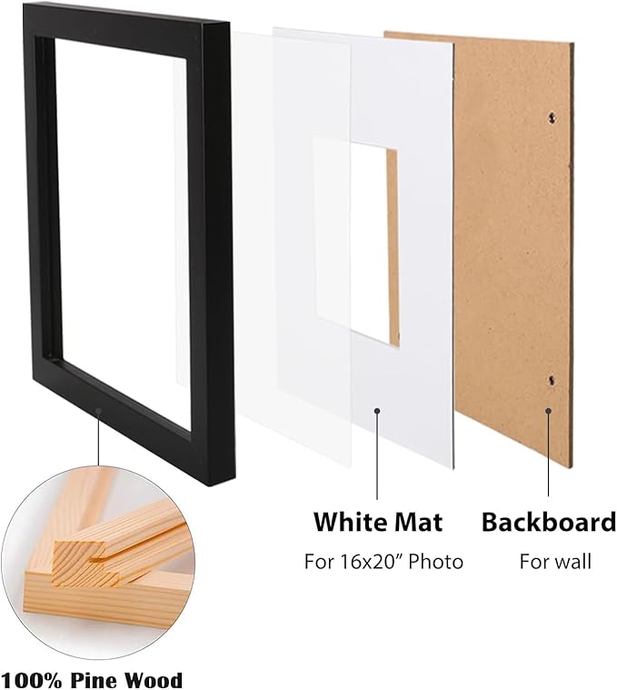 Egofine 18x24 Solid Wood Picture Frame, Made of Solid Wood Covered by Plexiglass 16x20 with Mat 18x24 without Mat, Poster Frame for Wall Mounting Photo Frame Vertically or Horizontally, Black