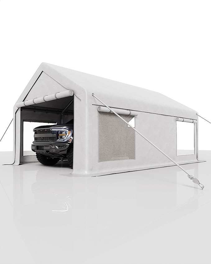 10x20 Ft Carport, Car Port with 200g PE Tarp, Roll-Up Doors, and 4 Windows, for Sedans, Bass Boats, Motos, ATVs, and SUVs, White