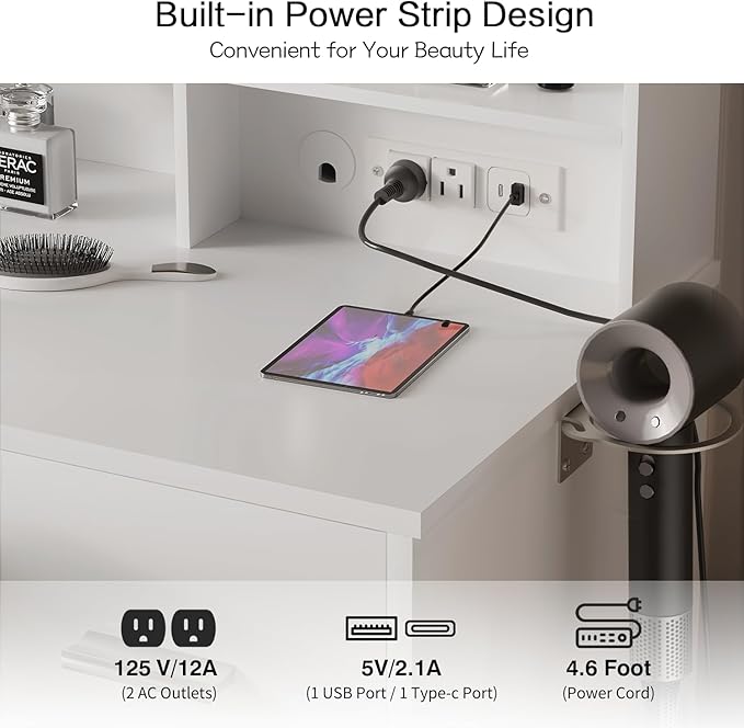 YESHOMY Vanity Desk with Mirror, Power Outlet and 10 Lights, Makeup Table with 4 Drawers, 3 Color Modes Available for Bedroom, White, 39.3x17.7x58.8 inch