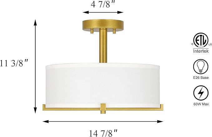 XiNBEi Lighting Semi Flush Mount Ceiling Light Modern Gold Brass Drum Light Fixture with Fabric Shade 3-Light Drum Ceiling Lighting for Living Room, Bedroom, Kitchen, Dining Room, Hallway