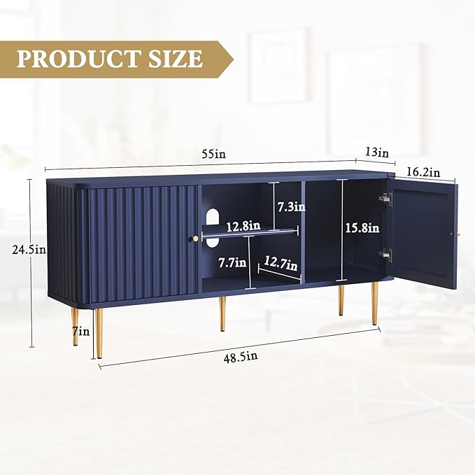 ARTPOWER 55” Fluted TV Stand, Mid Century Modern Blue TV Stand for 55/60/65 inch TV, Entertainment Center with Storage, Television Stands, TV Console, Media Console for Living Room, Bedroom (Blue)