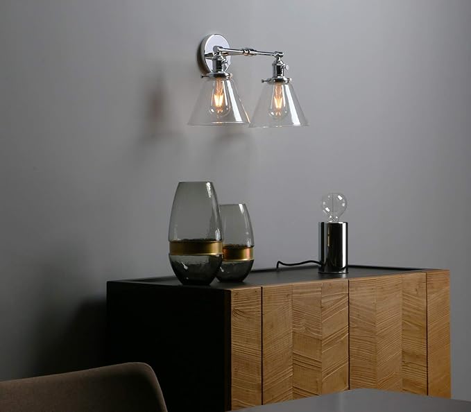 Phansthy 2-Light Wall Sconce Industrial Dual-Light Wall Light with Dual 7.3 Inch Cone Glass Lampshade(Chrome)