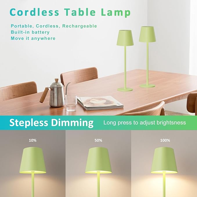 Kakanuo Yellow Green Cordless Table Lamps, Rechargeable Lamp, Battery Operated Lamps, Touch Control Table Lamps, 3 Color Temperature, Stepless Dimmable, LED Portable Wireless Battery Lamp, Set of 2