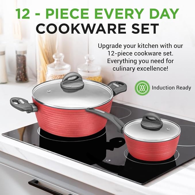 NutriChef Professional 12-Piece Red Nonstick Cookware - PFOA/PFOS-Free, Heat Resistant Lacquer, Elegant Design, Multi-Sized Pots and Pans