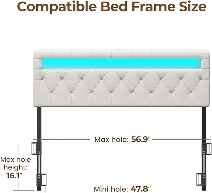 GREENSTELL Headboard for Full Size Bed with 60,000 DIY Color of LED Light, USB & Type C Post, Attach Frame, Height Adjustable, White Leather Wall Mounted Head Boards Only, Sturdy & Stable, Full