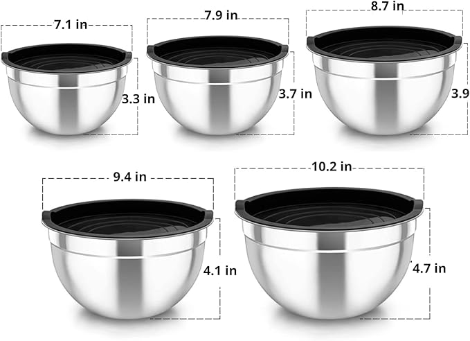 Set of 5 Stainless Steel Mixing Bowls with Plastic Lids – Nesting Design for Space-Saving Storage, Ideal for Cooking, Baking, and Food Storage