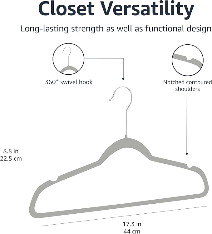 Amazon Basics Slim, Velvet, Non-Slip, Durable Suit Clothes Hangers for Closet, Coats, Pants, Shirts, Gray/Silver, Pack of 100