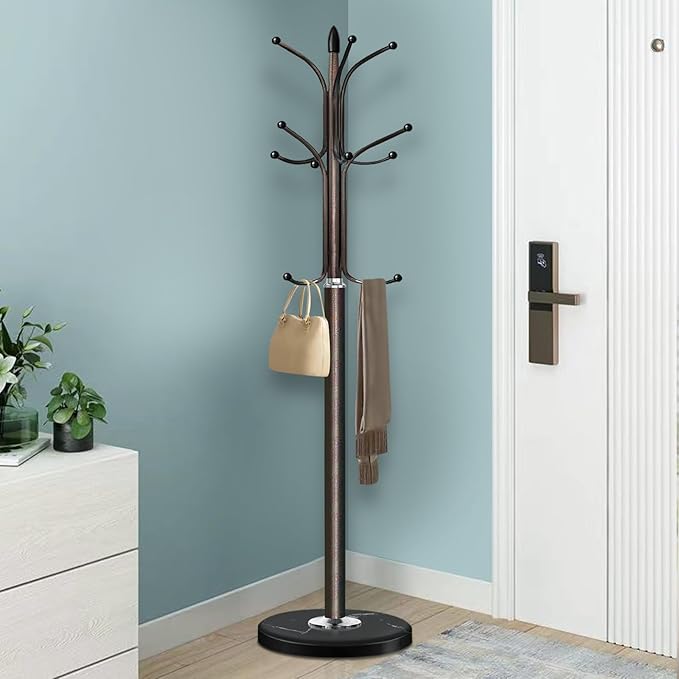 Metal Coat Rack Stand with Natural Marble Base, Coat Rack Freestanding, Free Standing Hall Tree with 12 Hooks for Hanging Clothes, Bags, Scarfs, Coat Hanger for Entryway, Hallway (Brown)